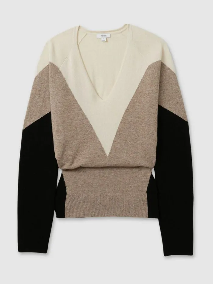 REISS Sweaters Women Wool Blend Colourblock VNeck Jumper Neutralblack