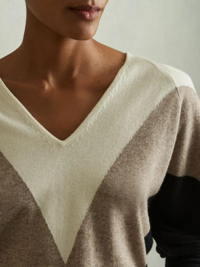 REISS Sweaters Women Wool Blend Colourblock VNeck Jumper Neutralblack
