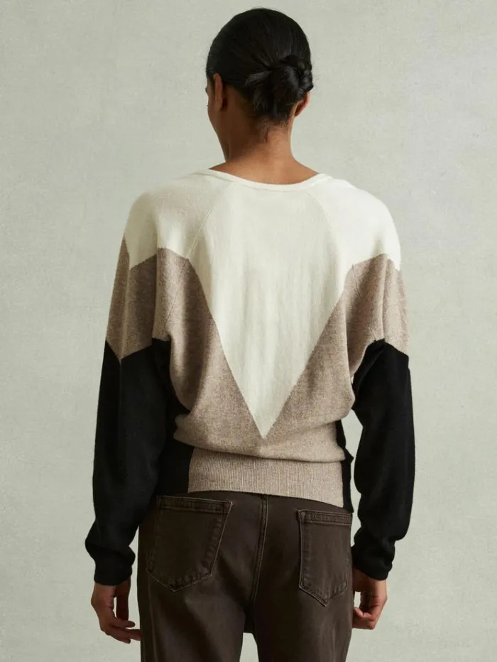 REISS Sweaters Women Wool Blend Colourblock VNeck Jumper Neutralblack