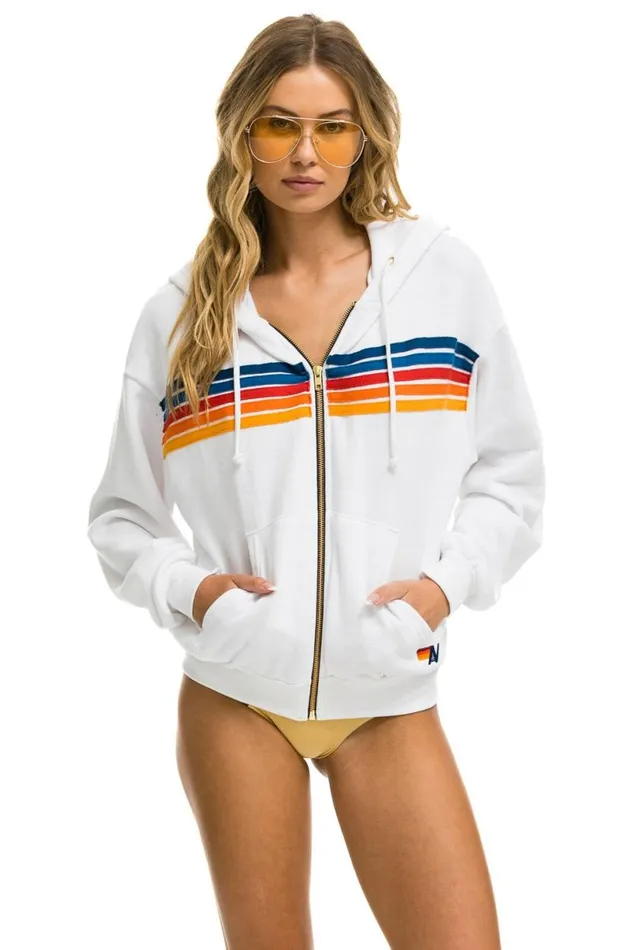 5 Stripe Relaxed Zip Hoodie 8211 White 2 WomenMen Aviator Nation Hoodies