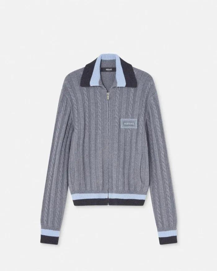 90s Vintage Logo Knit Zip Jumper Gray Men Versace Knitwear