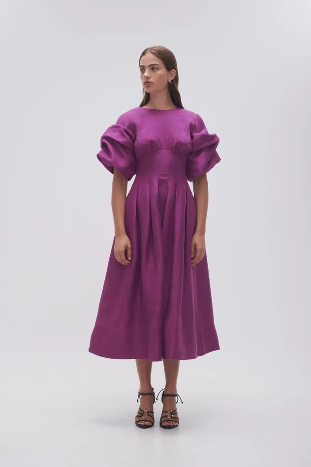 Aje Dresses Adelie Puff Sleeve Midi Dress Plum Purple 8211 Women