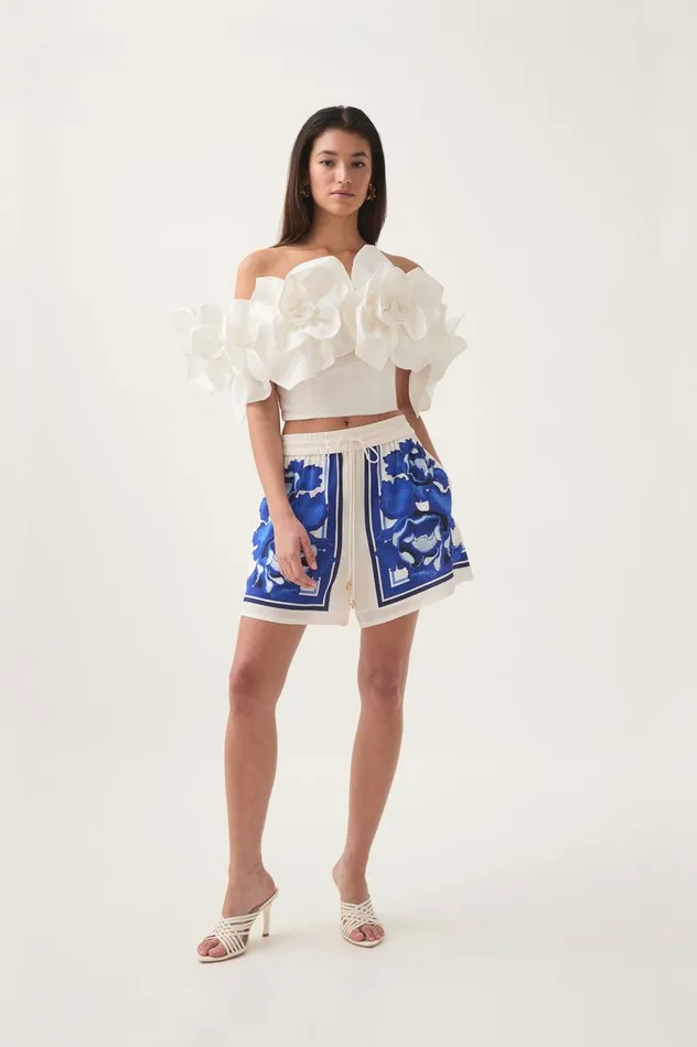 Aje Shorts Atomic Silk Drawstring Short Boldly Blooming Cobalt 8211 Women Aje Shorts Atomic Silk Drawstring Short Boldly Blooming Cobalt 8211 Women