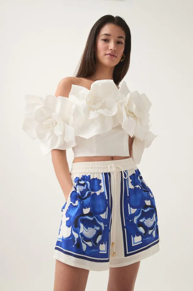 Aje Shorts Atomic Silk Drawstring Short Boldly Blooming Cobalt 8211 Women Aje Shorts Atomic Silk Drawstring Short Boldly Blooming Cobalt 8211 Women