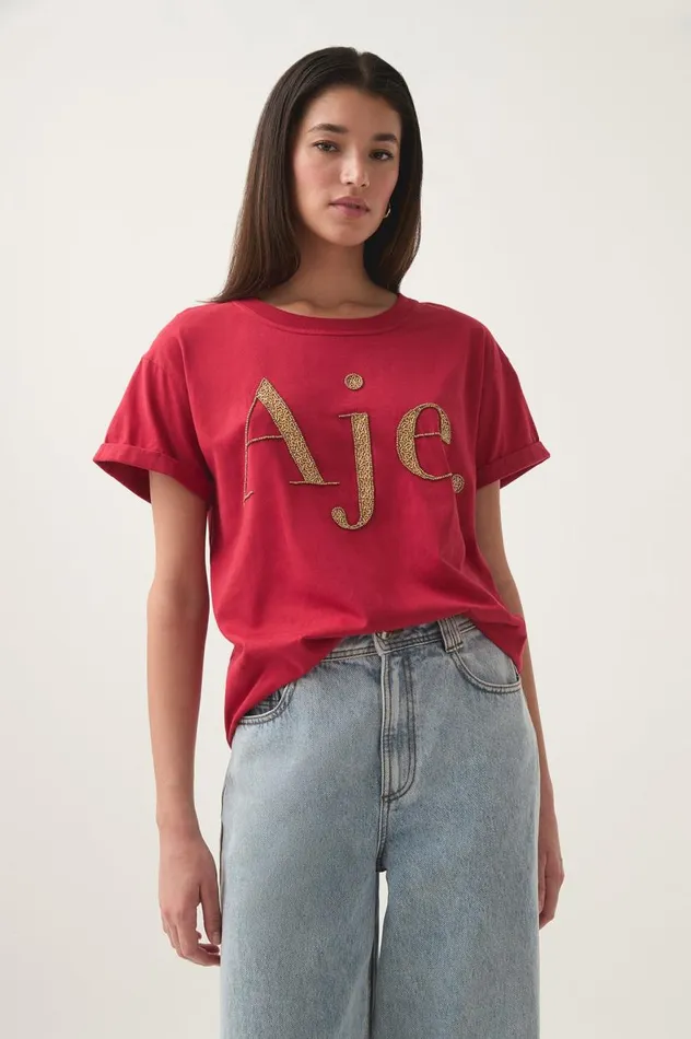 Aje Tees Within Embellished Logo Tee Scarlet Redgold 8211 Women