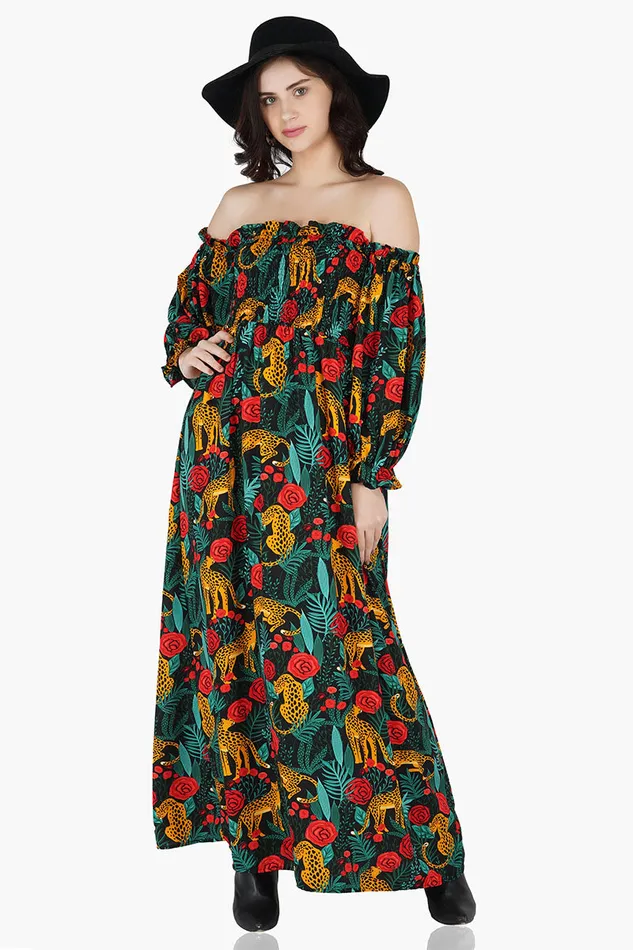 America and Beyond Jaguar Paradise Maxi Shirred Dress Women Dresses