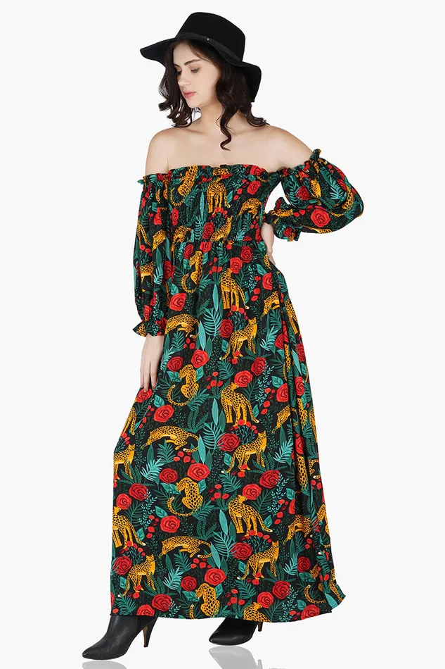 America and Beyond Jaguar Paradise Maxi Shirred Dress Women Dresses