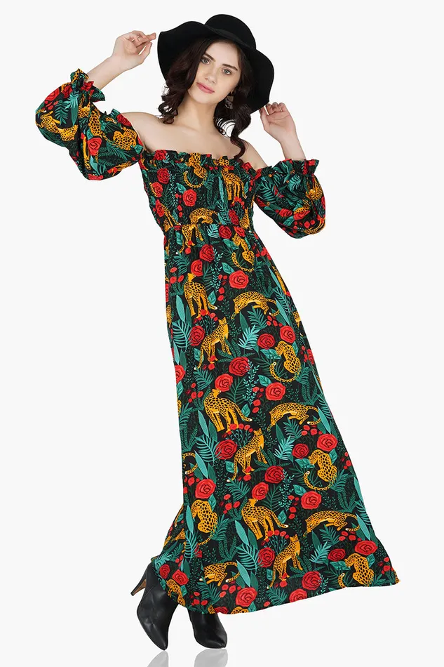 America and Beyond Jaguar Paradise Maxi Shirred Dress Women Dresses