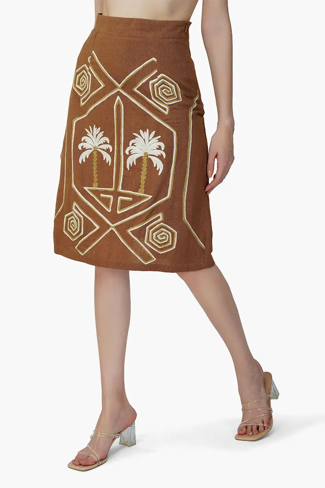 America and Beyond Skirts Women Tawny Brown Palm Embroidered Short Skirt
