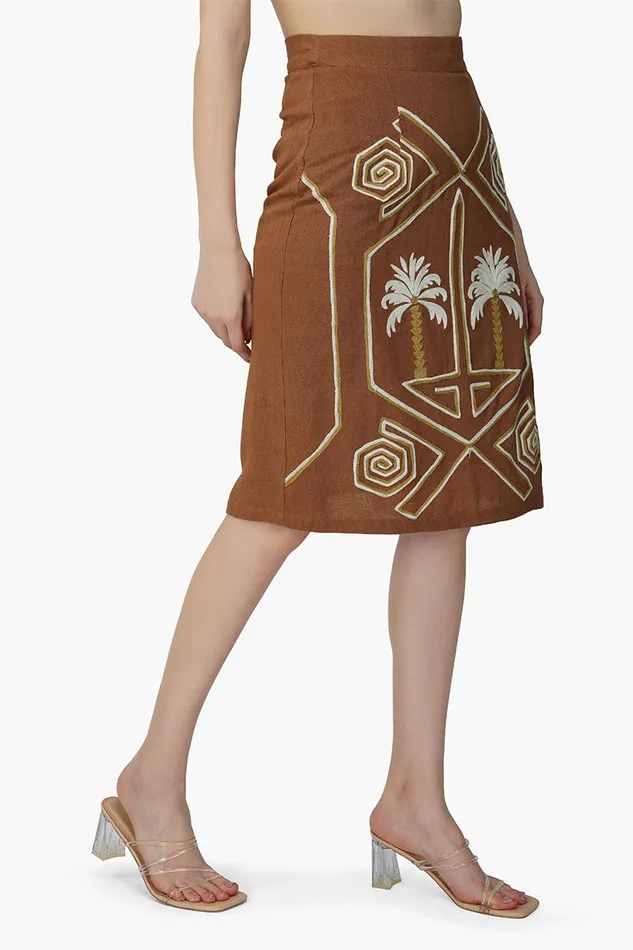 America and Beyond Skirts Women Tawny Brown Palm Embroidered Short Skirt