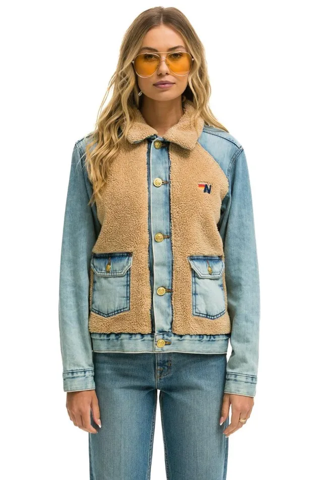 Aspen Sherpa Unisex Denim Jacket 8211 Vintage Wheat WomenMen Aviator Nation Denim