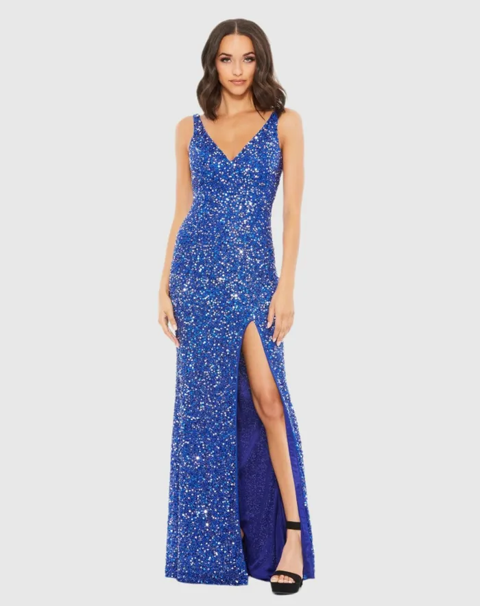 Best Sellers Mac Duggal Women Blue Sequined Sleeveless V Neck Side Slit Gown Royal Blue Best Sellers Mac Duggal Women Blue Sequined Sleeveless V Neck Side Slit Gown Royal Blue