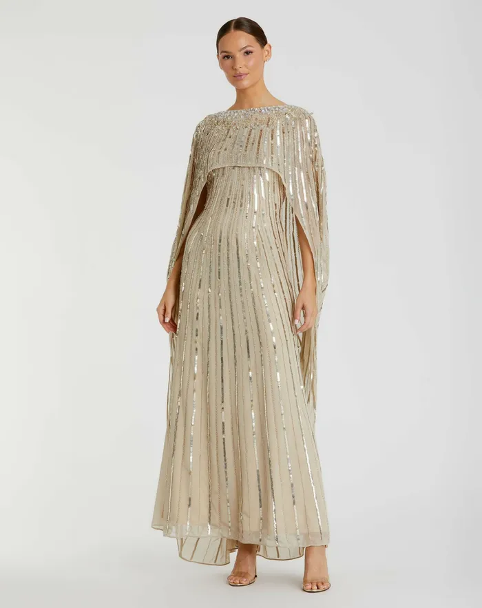 Best Sellers Mac Duggal Women Embellished Column Cape Dress Champagne