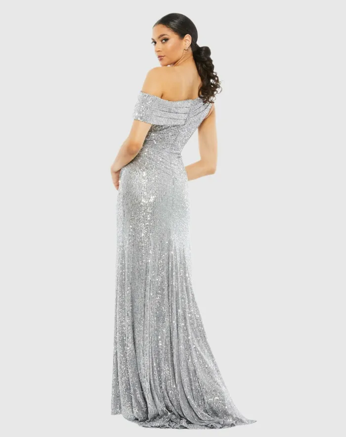 Best Sellers Women Silver Sequined Drop Shoulder Gown Platinum Mac Duggal