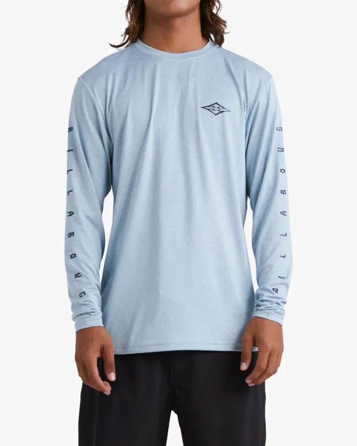 Billabong Unity Loose Fit Long Sleeve Surf Tee Smoke Blue Heather Mens Rashguards and Surf Tees