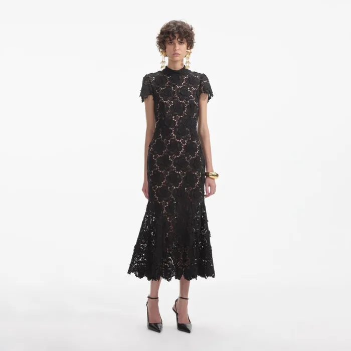 Black Flower Lace Midi Dress Women Self Portrait Dresses