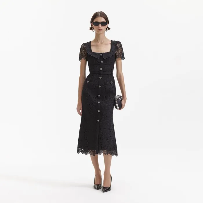 Black Guipure Lace Button Midi Dress Women Self Portrait Dresses