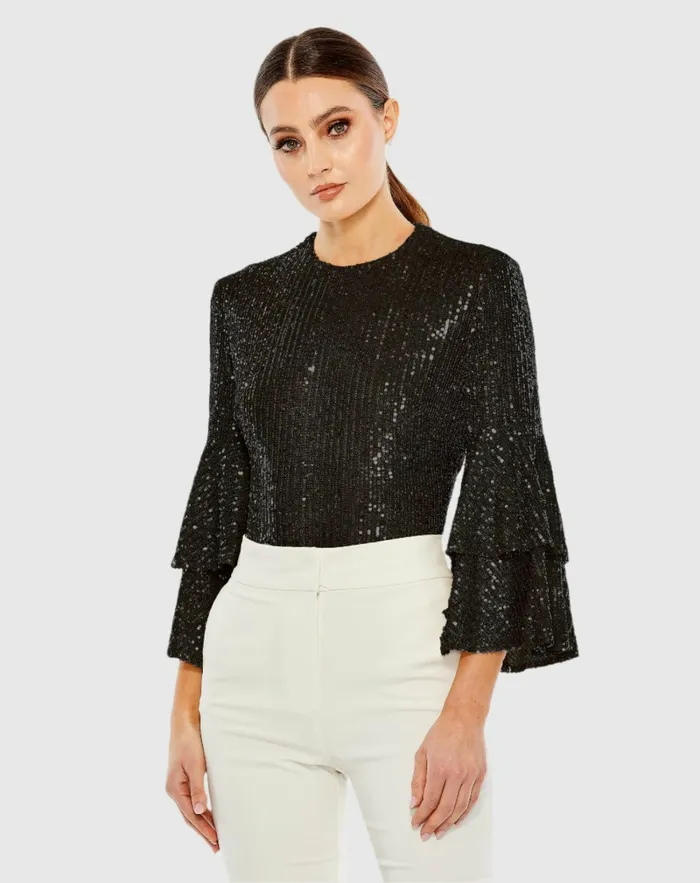 Blouses and Tops Ruffle 34 Sleeve Sequin Bodysuit 8211 FINAL SALE Black 8211 Mac Duggal Women Blouses and Tops Ruffle 34 Sleeve Sequin Bodysuit 8211 FINAL SALE Black 8211 Mac Duggal Women