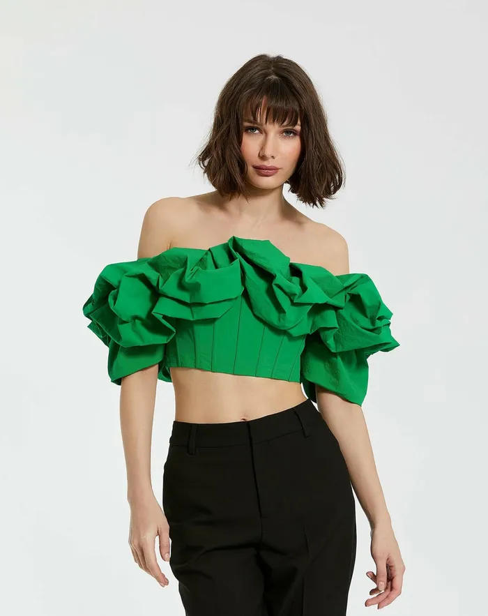 Blouses and Tops Women Mac Duggal Green Faille Off The Shoulder Bustier Ruffle Top 8211 FINAL SALE Spring Green Blouses and Tops Women Mac Duggal Green Faille Off The Shoulder Bustier Ruffle Top 8211 FINAL SALE Spring Green