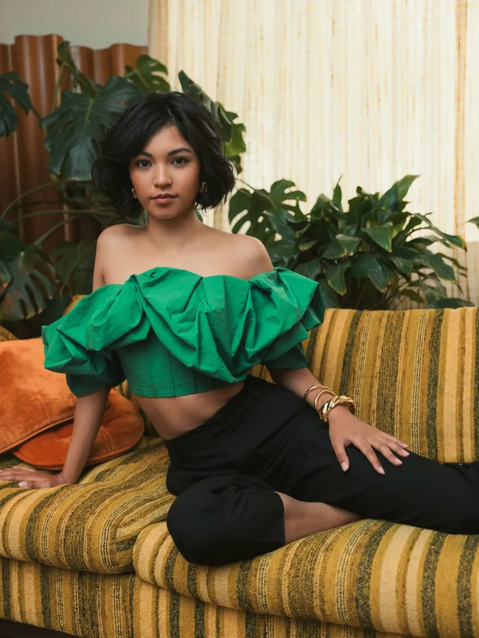 Blouses and Tops Women Mac Duggal Green Faille Off The Shoulder Bustier Ruffle Top 8211 FINAL SALE Spring Green