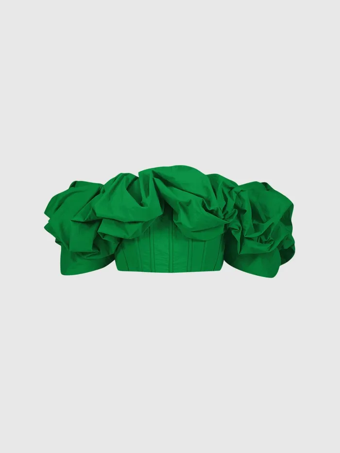 Blouses and Tops Women Mac Duggal Green Faille Off The Shoulder Bustier Ruffle Top 8211 FINAL SALE Spring Green