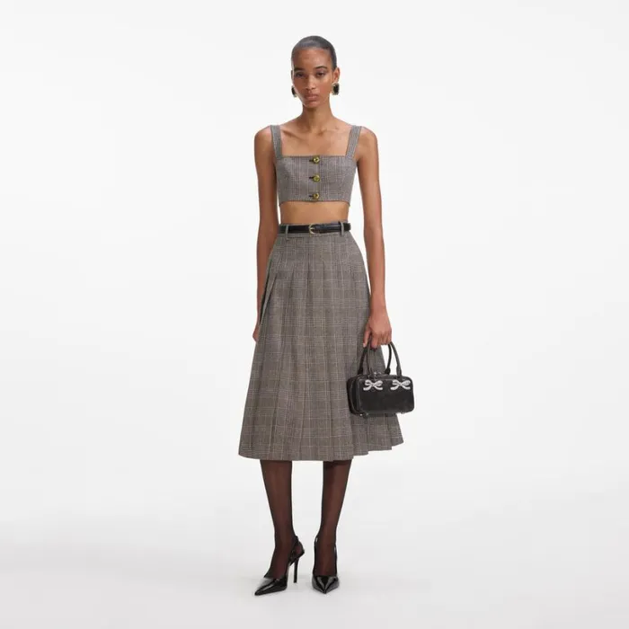 Brown Check Pleated Midi Skirt Women Self Portrait Bottoms