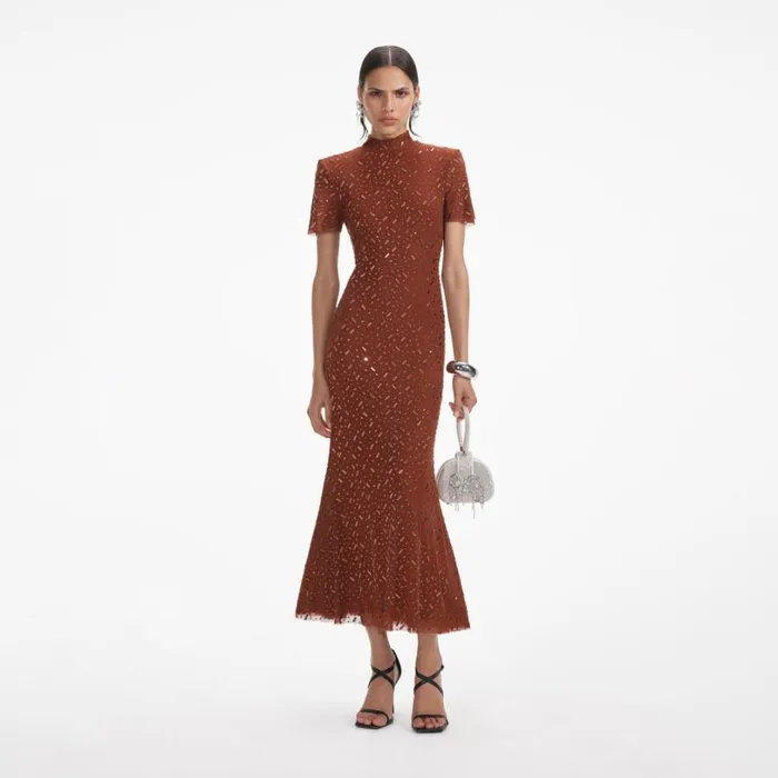 Brown Square Rhinestone Mesh Midi Dress Women Self Portrait Dresses