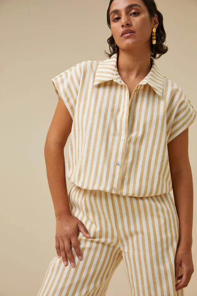 ByBar Blouses Vrouwelijk Bieke Linen Stripe Blouse Ochre ByBar Blouses Vrouwelijk Bieke Linen Stripe Blouse Ochre