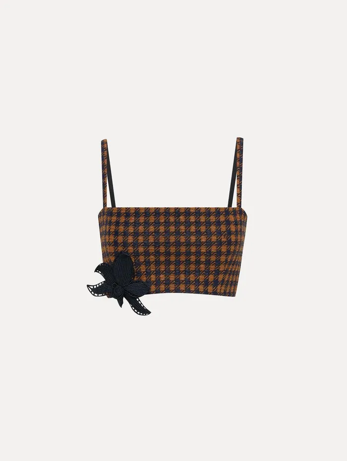Check Tweed Orchid Embroidered Top Cognac Navy Women Oscar De La Renta Blouses and Knits Check Tweed Orchid Embroidered Top Cognac Navy Women Oscar De La Renta Blouses and Knits