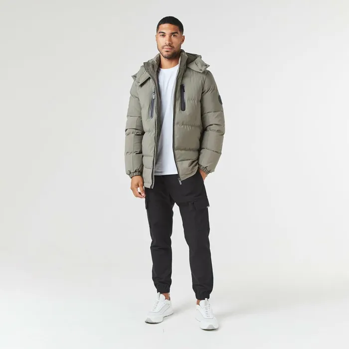 Closure London Contrast Panel Puffer Jacket Washed Khaki Men Coats and Jackets