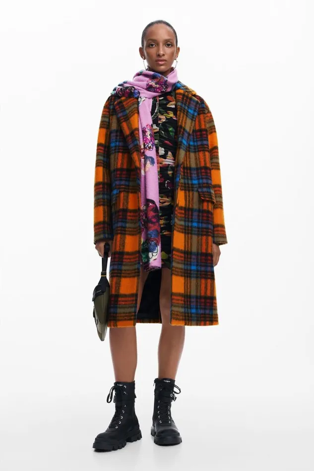 Coats And Jackets Women Desigual Long Checkered Coat Orange