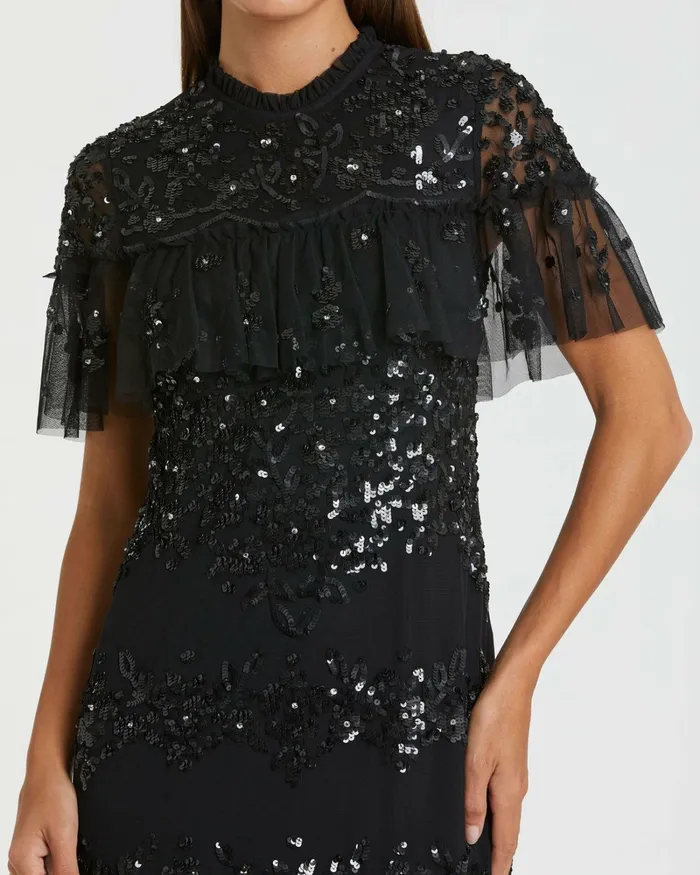 Cocktail Dresses Women Sequined High Neck Ruffled Flutter Sleeve Midi Dress Black Mac Duggal