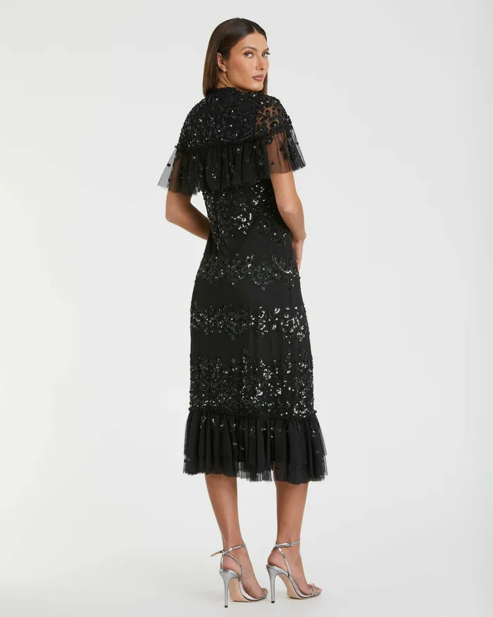 Cocktail Dresses Women Sequined High Neck Ruffled Flutter Sleeve Midi Dress Black Mac Duggal