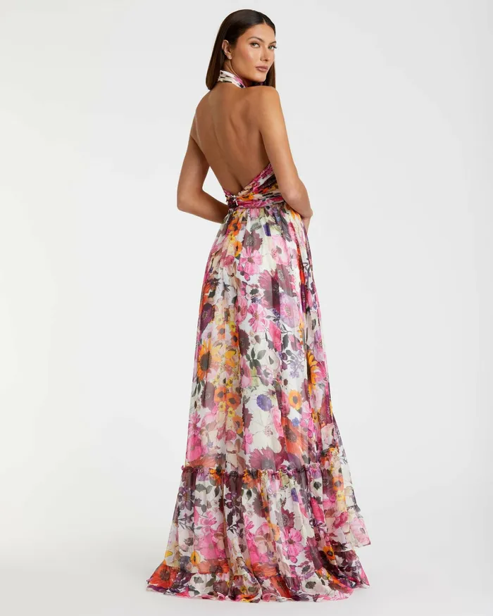 Daytime Dresses Asymmetrical Ruffled Halter Floral Gown White Multi Mac Duggal Women