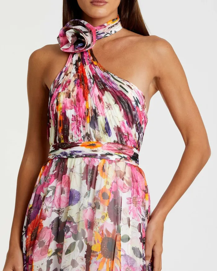 Daytime Dresses Asymmetrical Ruffled Halter Floral Gown White Multi Mac Duggal Women