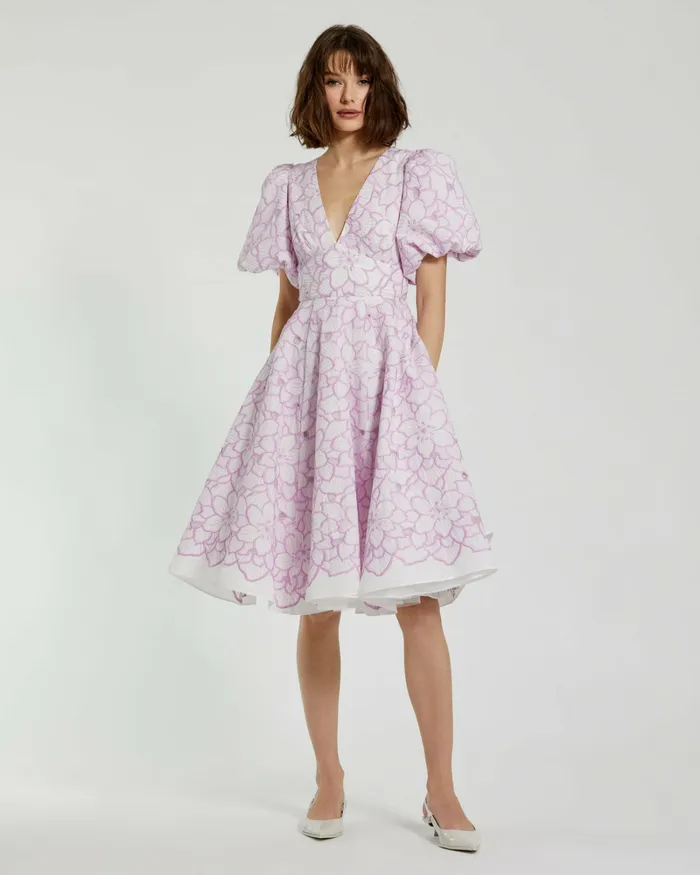 Daytime Dresses Mac Duggal Women Embroidered Floral Puff Sleeve Dress Orchid White Daytime Dresses Mac Duggal Women Embroidered Floral Puff Sleeve Dress Orchid White