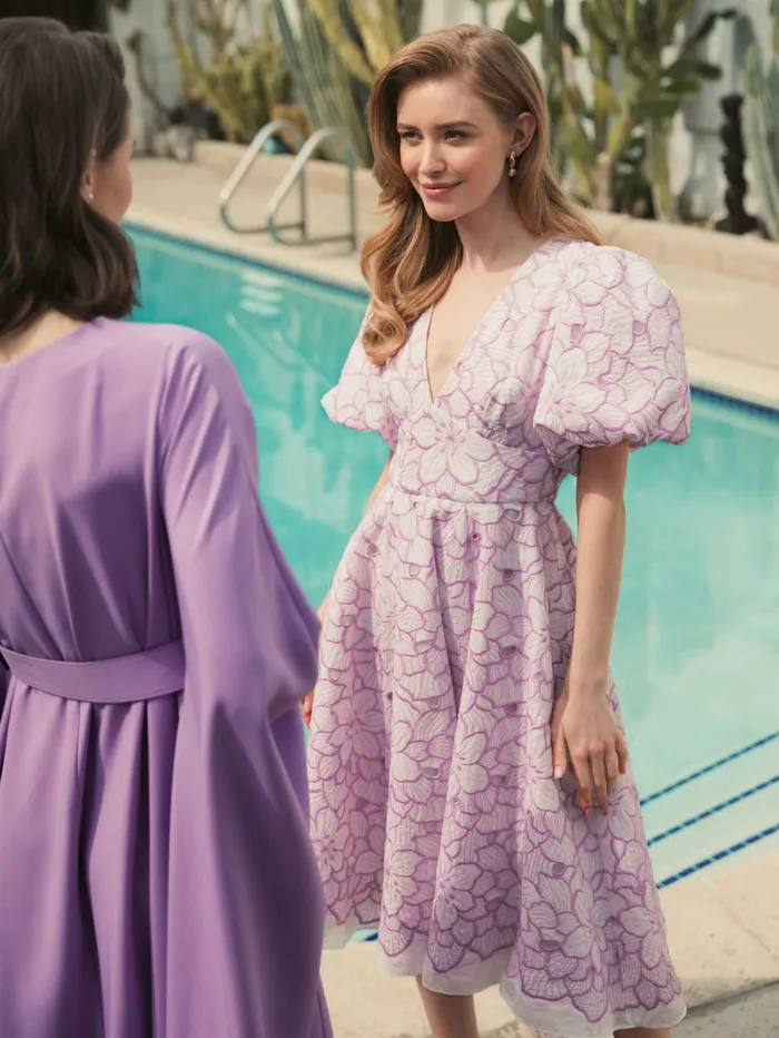 Daytime Dresses Mac Duggal Women Embroidered Floral Puff Sleeve Dress Orchid White