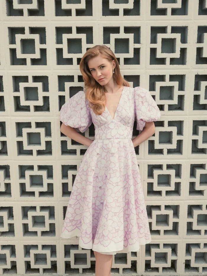 Daytime Dresses Mac Duggal Women Embroidered Floral Puff Sleeve Dress Orchid White