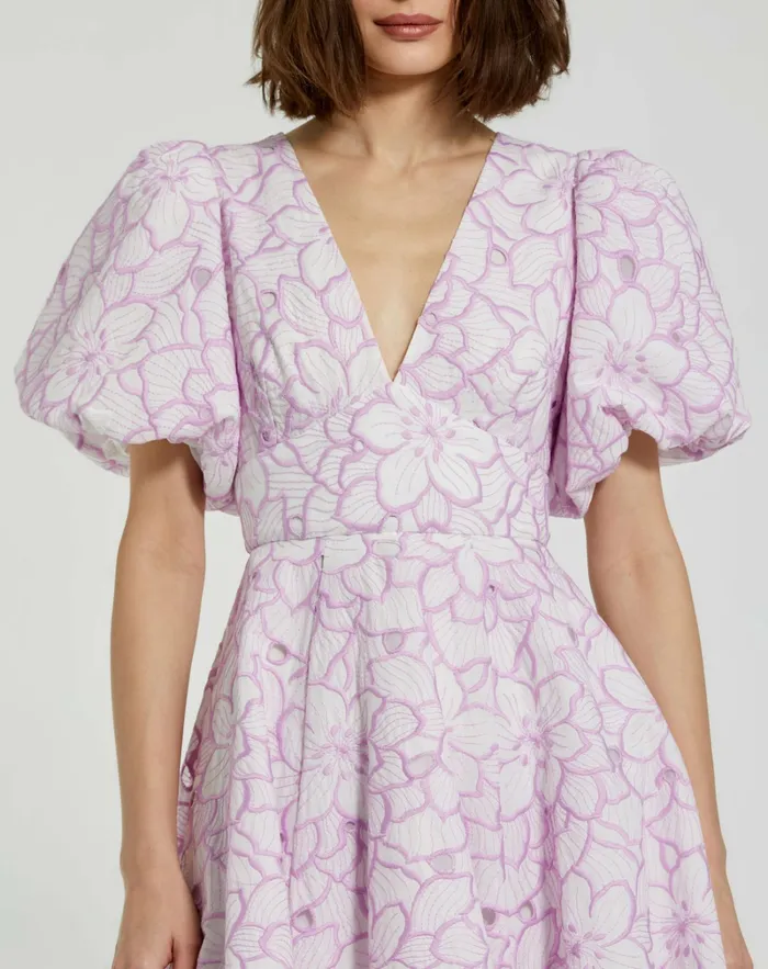Daytime Dresses Mac Duggal Women Embroidered Floral Puff Sleeve Dress Orchid White