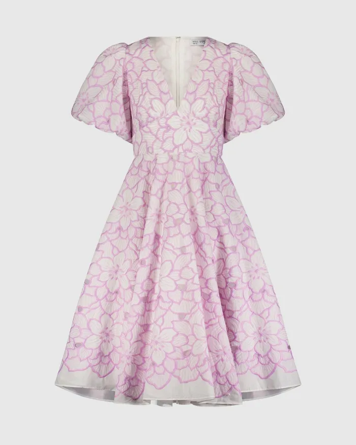 Daytime Dresses Mac Duggal Women Embroidered Floral Puff Sleeve Dress Orchid White