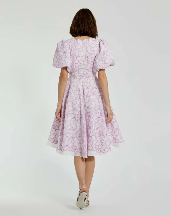 Daytime Dresses Mac Duggal Women Embroidered Floral Puff Sleeve Dress Orchid White