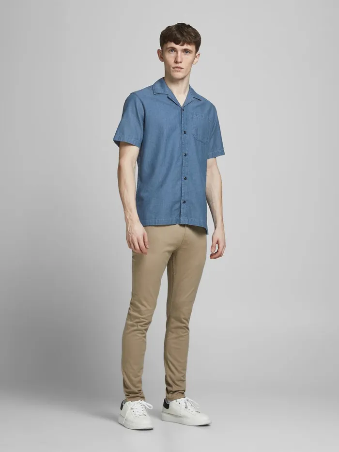 Denim Shirts JACK and JONES Mens DENIM RESORT SHORT SLEEVED SHIRT Blue Denim Blue For Sale