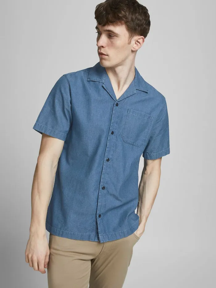 Denim Shirts JACK and JONES Mens DENIM RESORT SHORT SLEEVED SHIRT Blue Denim Blue For Sale