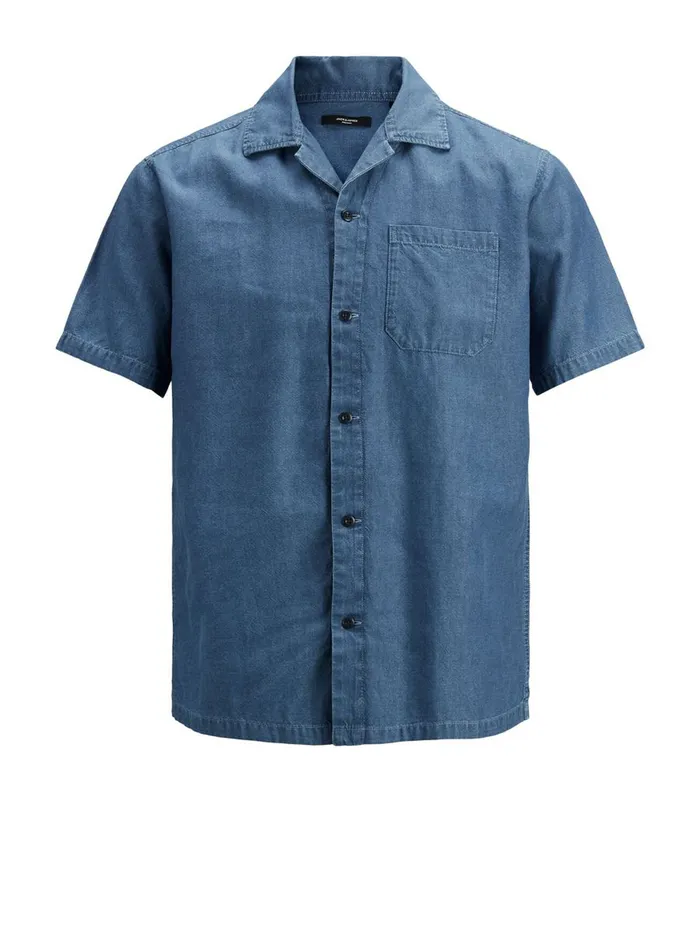 Denim Shirts JACK and JONES Mens DENIM RESORT SHORT SLEEVED SHIRT Blue Denim Blue For Sale