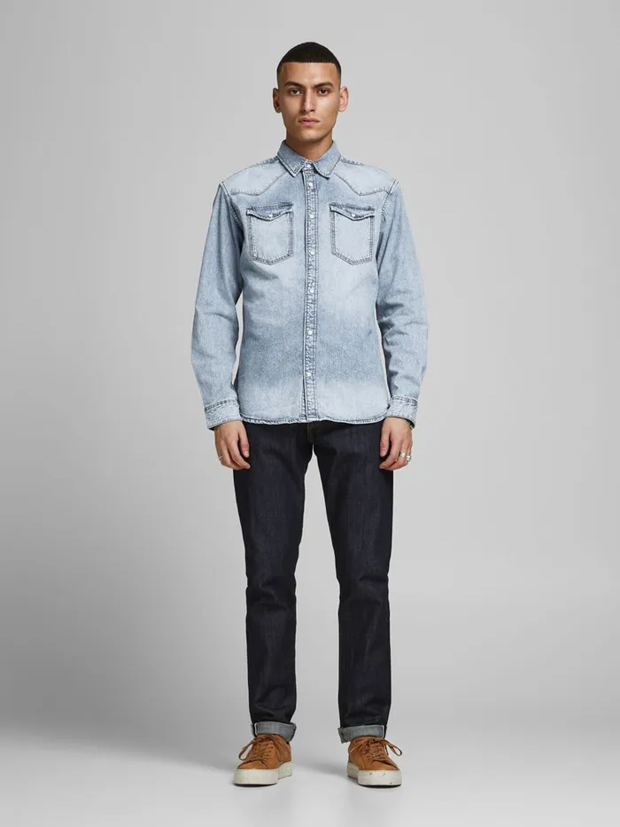 Denim Shirts JACK and JONES Mens SLIM FIT WESTERN STYLE DENIM SHIRT Blue Blue Denim Near Me