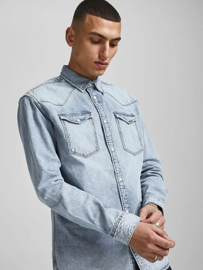 Denim Shirts JACK and JONES Mens SLIM FIT WESTERN STYLE DENIM SHIRT Blue Blue Denim Near Me
