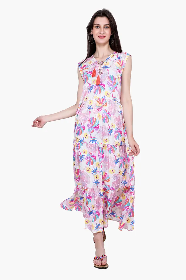 Dresses America and Beyond Women Palm Florals Tiered Maxi Dress