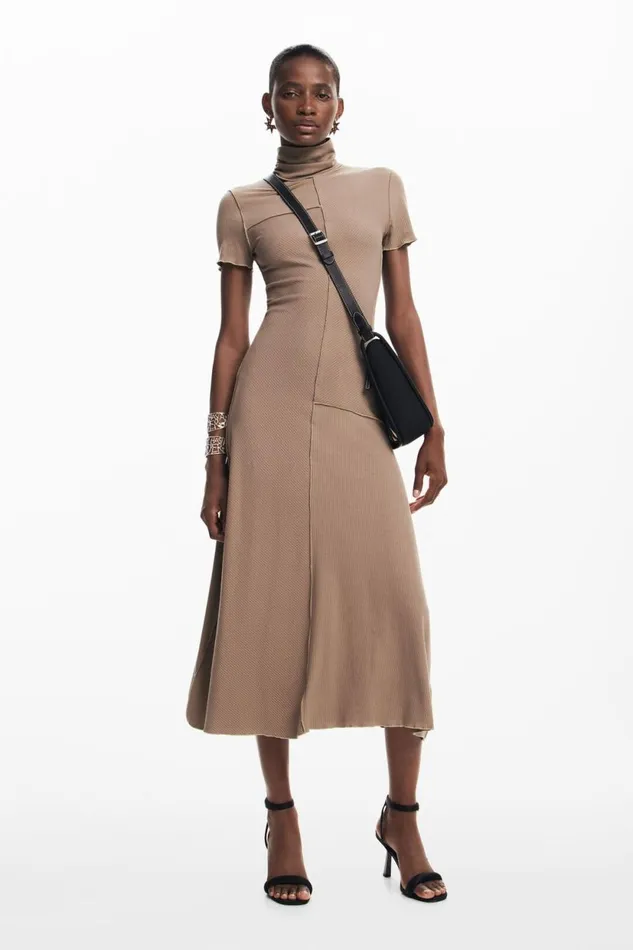 Dresses And Jumpsuits Women Desigual Midi Dress With High Neck Brown