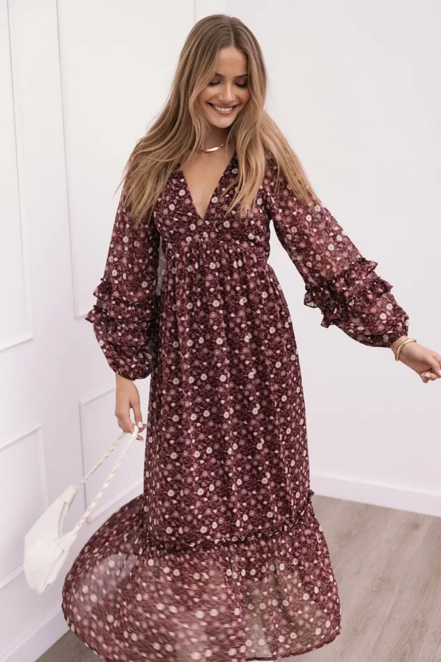 Dresses Petal and Pup Women Evian Long Sleeve Maxi Dress Burgundy Multi