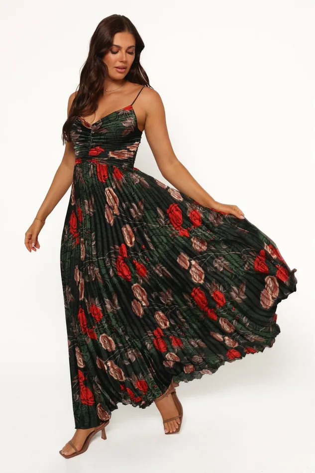 Dresses Women Naira Pleated Maxi Dress Green Floral Petal and Pup